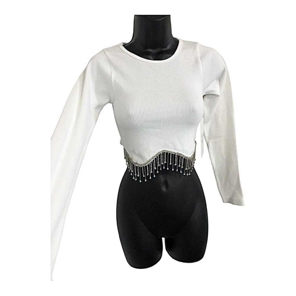 White ribbed long sleeve‎ stretch rhinestone bejeweled tassel hem crop top